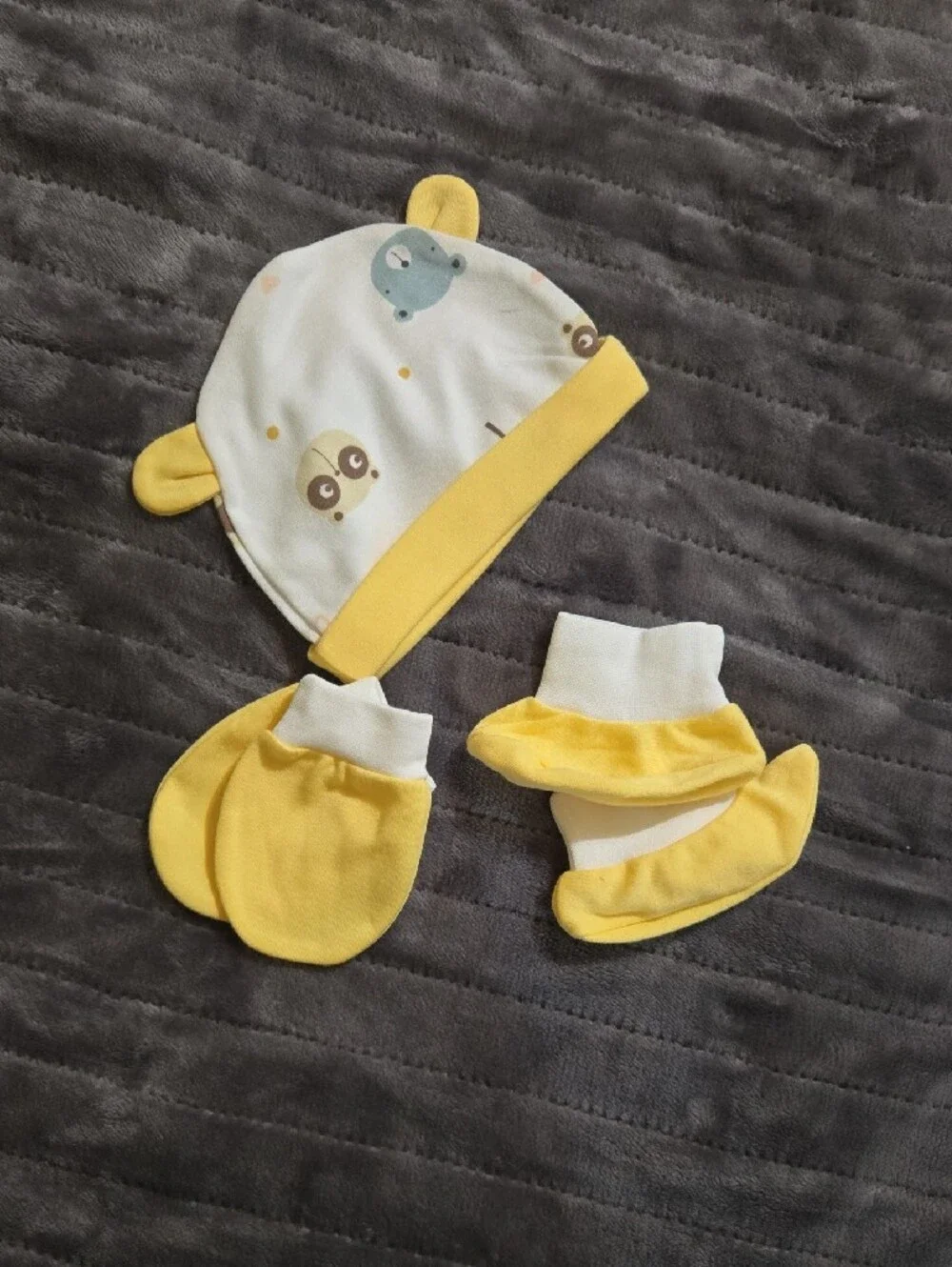 Yellow-Trim Animal Print Baby 2-Piece Set With Hat, Booties, & Mittens